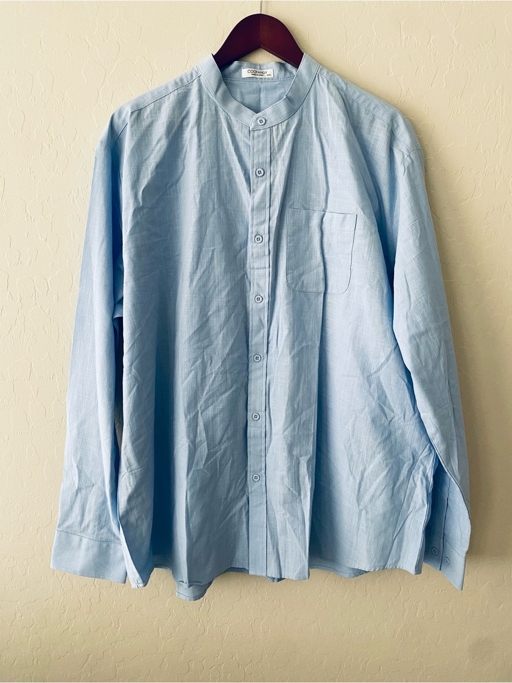 COOFANDY Light Blue Mandarin Collar Long Sleeve Men’s Shirt XXXL
